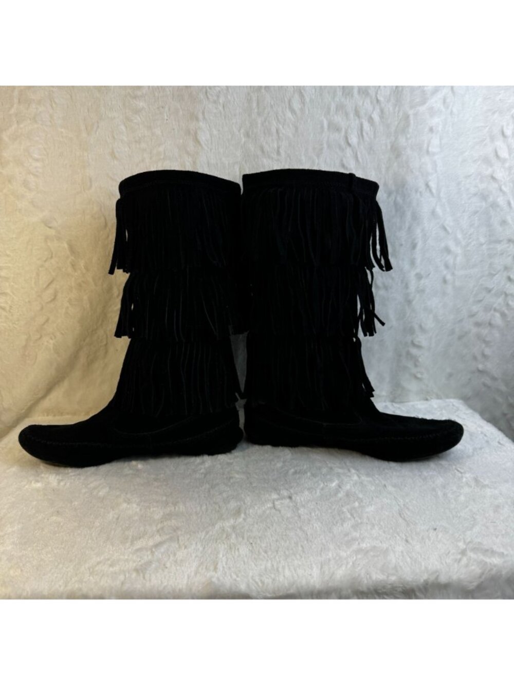 LC Lauren Conrad Thia Black Suede 3 Tier Fringe MidCalf Moccasin Boots Women 6M - Picture 4 of 14